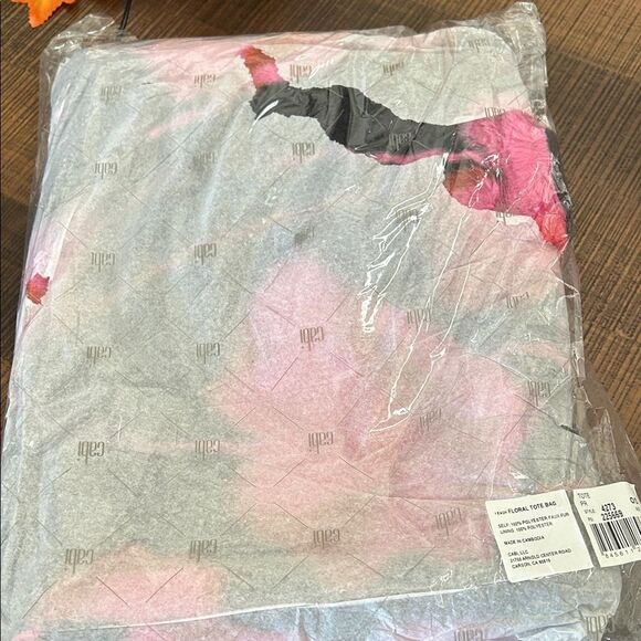 Gray and Pink Floral tote in packaging